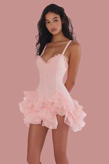 Pink Ruffled Spaghetti Straps A Line Graduation Dress